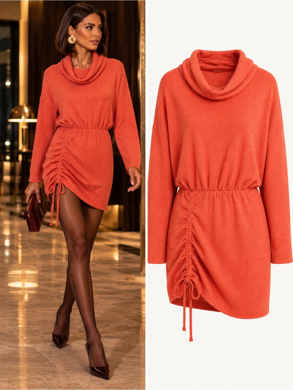 Free People Sundown Metallic Cowl Neck Ruched Mini Dress Coral Size Small NWT